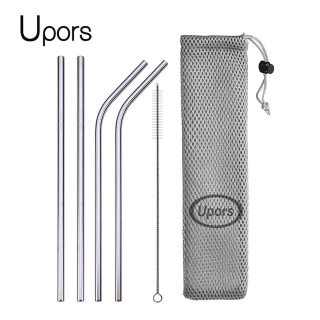 UPORS Reusable Drinking Straw 304 Stainless Steel Straws Straight Bent Metal Straw with Cleaner Brush Pouch Wholesale