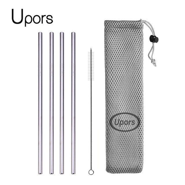 UPORS Reusable Drinking Straw 304 Stainless Steel Straws Straight Bent Metal Straw with Cleaner Brush Pouch Wholesale