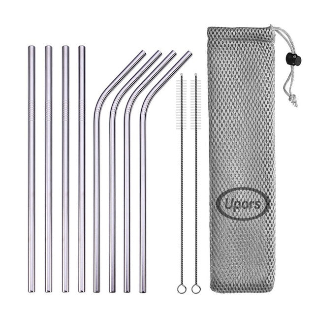 UPORS Reusable Drinking Straw 304 Stainless Steel Straws Straight Bent Metal Straw with Cleaner Brush Pouch Wholesale