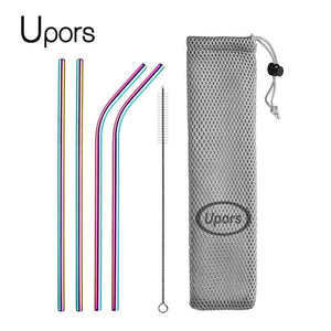 UPORS Reusable Drinking Straw 304 Stainless Steel Straws Straight Bent Metal Straw with Cleaner Brush Pouch Wholesale