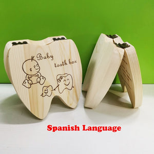 Wooden Baby Tooth Box English /Spanish /Portuguese Milk Teeth Umbilical Organizer Storage Boys Girls Souvenir Case Baby Gifts