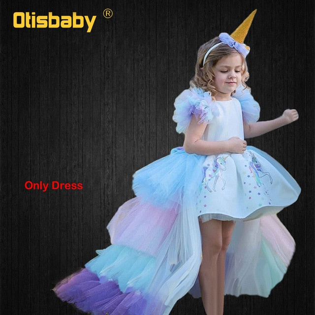 Christmas Girls Unicorn Dress with Long Tail + Wings Wig Hairband Baby Girl Princess Birthday Party Ball Gown Kids Horse Clothes