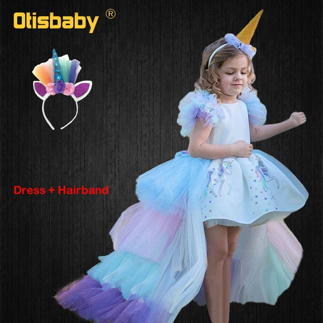Christmas Girls Unicorn Dress with Long Tail + Wings Wig Hairband Baby Girl Princess Birthday Party Ball Gown Kids Horse Clothes
