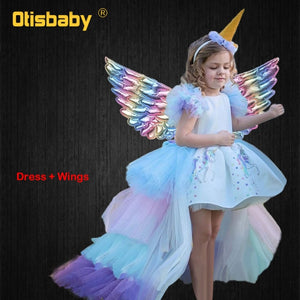 Christmas Girls Unicorn Dress with Long Tail + Wings Wig Hairband Baby Girl Princess Birthday Party Ball Gown Kids Horse Clothes