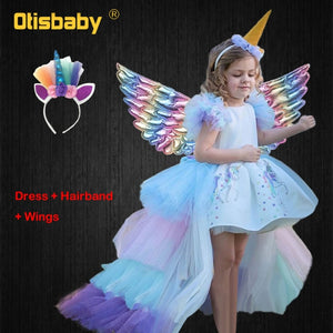 Christmas Girls Unicorn Dress with Long Tail + Wings Wig Hairband Baby Girl Princess Birthday Party Ball Gown Kids Horse Clothes