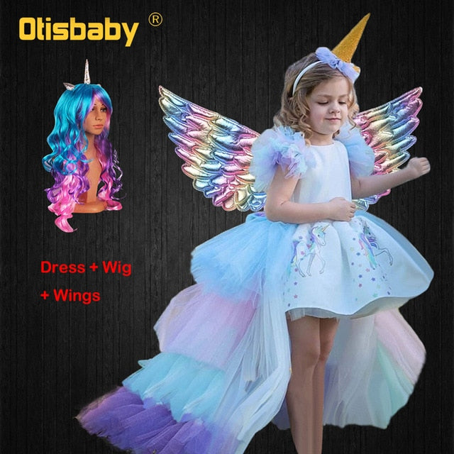 Christmas Girls Unicorn Dress with Long Tail + Wings Wig Hairband Baby Girl Princess Birthday Party Ball Gown Kids Horse Clothes