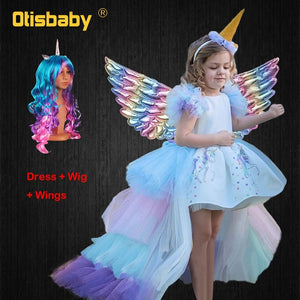 Christmas Girls Unicorn Dress with Long Tail + Wings Wig Hairband Baby Girl Princess Birthday Party Ball Gown Kids Horse Clothes