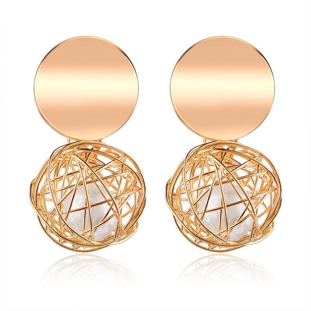 POXAM New Korean Statement Round Earrings For Women Geometric Gold Shell Fluff Dangle Drop Earrings Brincos 2020 Fashion Jewelry