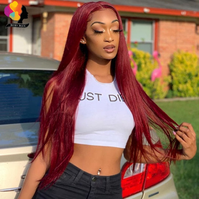 Remyblue 13*1 Lace Front Human Hair Wigs 99J Red Straight Malaysian Remy Human Hair Deep Part Wig Pre Plucked Baby Hair 28 inch