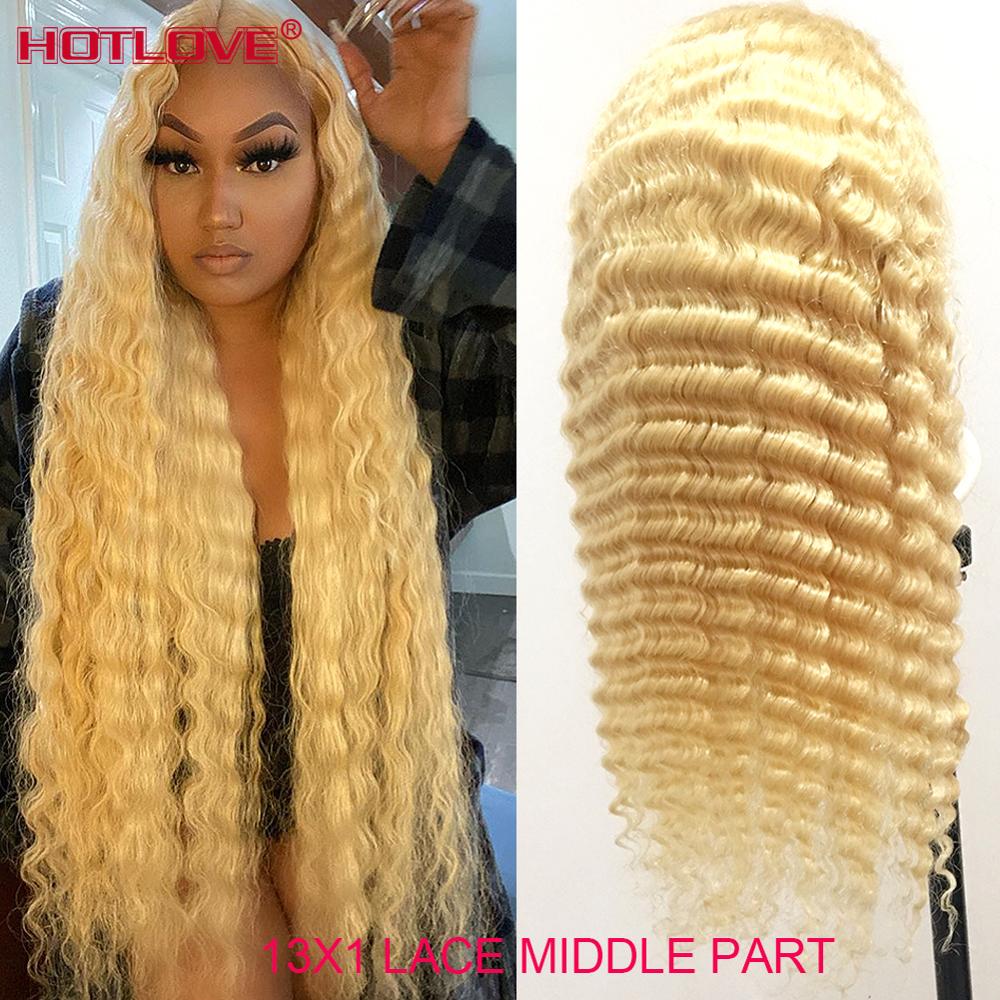 613 Honey Blonde 13x1 Lace Frontal Human Hair Wigs Brazilian Deep Wave Wigs Middle Part Lace Front Wig Hair Wig Remy 150% Densit