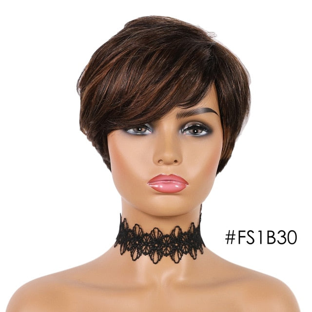 SSH Short Human Hair Wigs Pixie Cut Straight Remy Brazilian Hair for Black Women Machine Made Highlight Color Cheap Glueless Wig