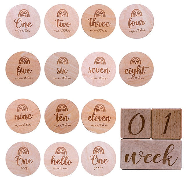 Wooden Baby Month Milestone Card Newborn Birth Month Birthday Milestone Wooden Teether Baby Kids Photography Props Toy