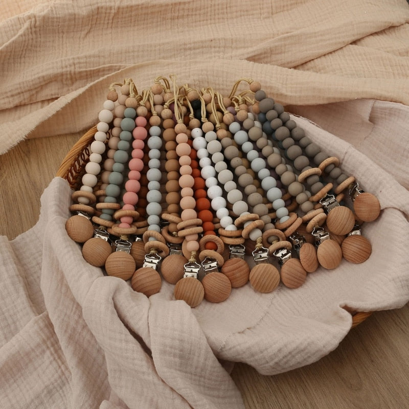Baby Pacifier Clips Silicone Beads Wooden Ring Pacifier Chain Infant Nipple Appease Soother Chain Clips Dummy Holder Nipple Clip
