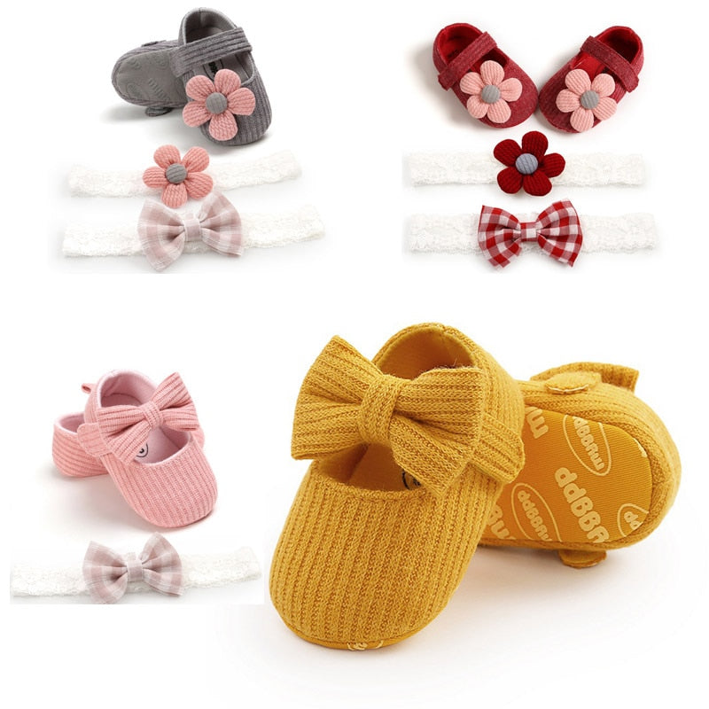 0-18M First Walkers cotton soft solid toddler shoes new born Anti-slip Sneakers bow baby shoes girls with Headwear Party Girls