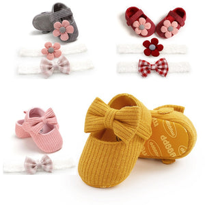 0-18M First Walkers cotton soft solid toddler shoes new born Anti-slip Sneakers bow baby shoes girls with Headwear Party Girls
