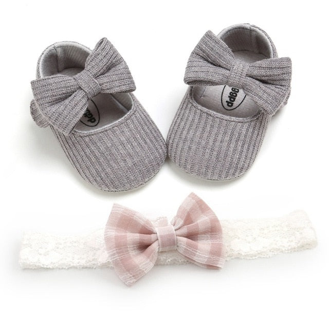0-18M First Walkers cotton soft solid toddler shoes new born Anti-slip Sneakers bow baby shoes girls with Headwear Party Girls