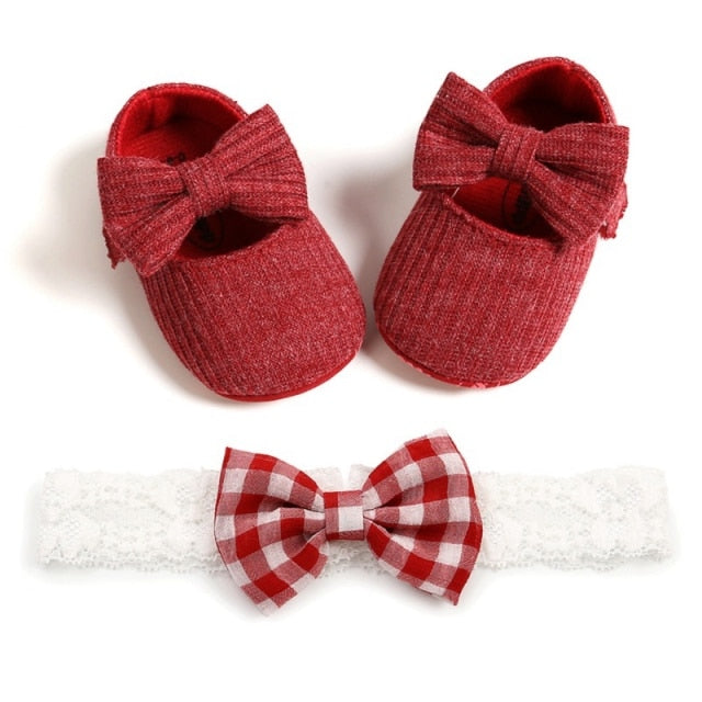 0-18M First Walkers cotton soft solid toddler shoes new born Anti-slip Sneakers bow baby shoes girls with Headwear Party Girls