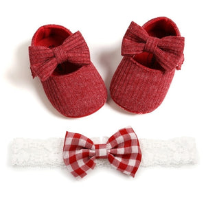 0-18M First Walkers cotton soft solid toddler shoes new born Anti-slip Sneakers bow baby shoes girls with Headwear Party Girls
