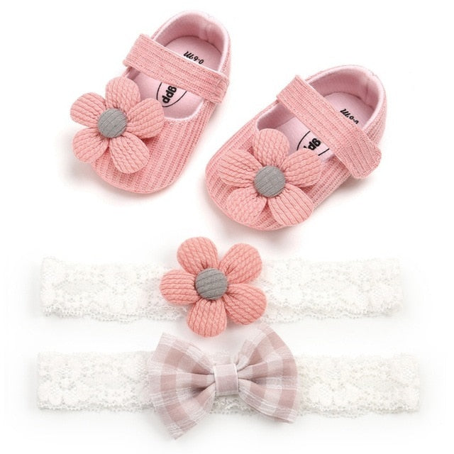0-18M First Walkers cotton soft solid toddler shoes new born Anti-slip Sneakers bow baby shoes girls with Headwear Party Girls