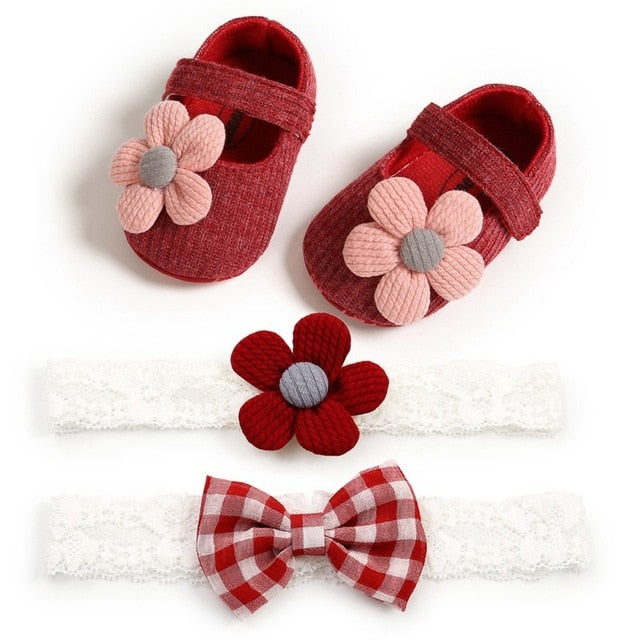 0-18M First Walkers cotton soft solid toddler shoes new born Anti-slip Sneakers bow baby shoes girls with Headwear Party Girls