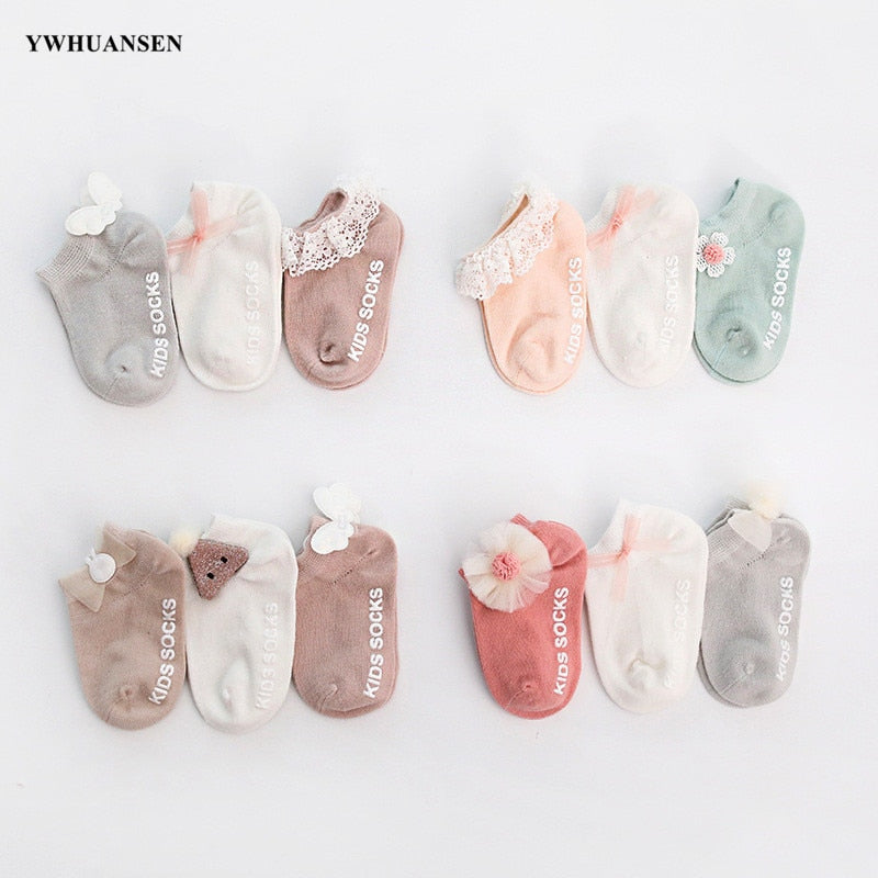 3 Pairs/lot 0 to 24M Spring Summer Baby Socks Solid Color Infant Baby Floor Socks Soft Cotton Anti-slip Boat Socks For Girls