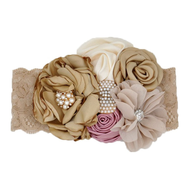 Vintage Flower Headband Baby Girls Headwraps Newborn Photography Props Gifts Lace Elastic Hair Bands Pearl Feather Accessories