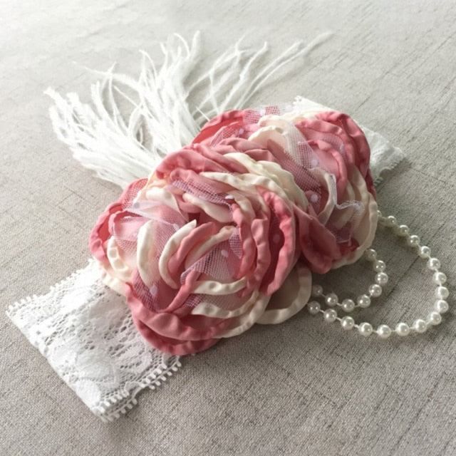 Vintage Flower Headband Baby Girls Headwraps Newborn Photography Props Gifts Lace Elastic Hair Bands Pearl Feather Accessories