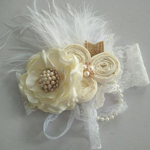 Vintage Flower Headband Baby Girls Headwraps Newborn Photography Props Gifts Lace Elastic Hair Bands Pearl Feather Accessories