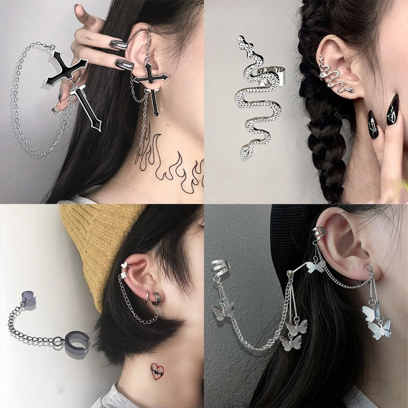 New Fashion Punk Butterfly Clip Earring for Teens Women Men Ear Cuffs Zinc Alloy Cool Jewelry Vintage Retro Chain Earings Metal