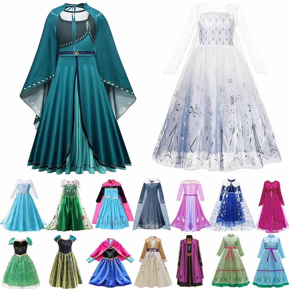 Muababy Elsa 1&2 Princess Dresses for Girls Fever Green Floral Maxi Dress Winter Robe Queen Anna Coronation Gown Elsa Party Wear