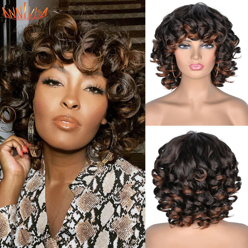 Short Hair Afro Kinky Curly Wigs With Bangs For Black Women Synthetic African Ombre Glueless Cosplay Wigs High Temperature