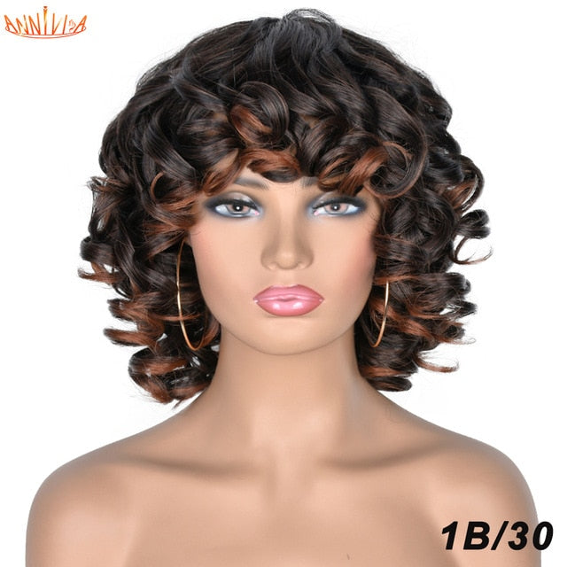 Short Hair Afro Kinky Curly Wigs With Bangs For Black Women Synthetic African Ombre Glueless Cosplay Wigs High Temperature