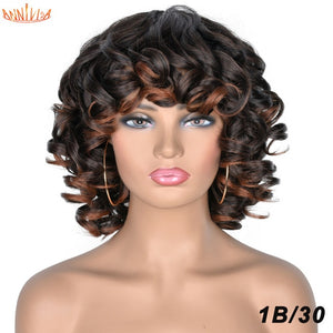 Short Hair Afro Kinky Curly Wigs With Bangs For Black Women Synthetic African Ombre Glueless Cosplay Wigs High Temperature
