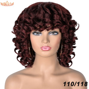 Short Hair Afro Kinky Curly Wigs With Bangs For Black Women Synthetic African Ombre Glueless Cosplay Wigs High Temperature