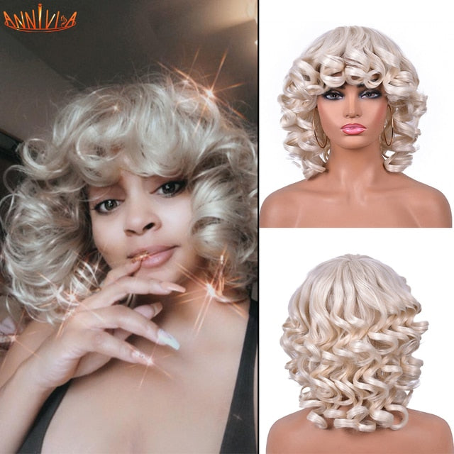 Short Hair Afro Kinky Curly Wigs With Bangs For Black Women Synthetic African Ombre Glueless Cosplay Wigs High Temperature