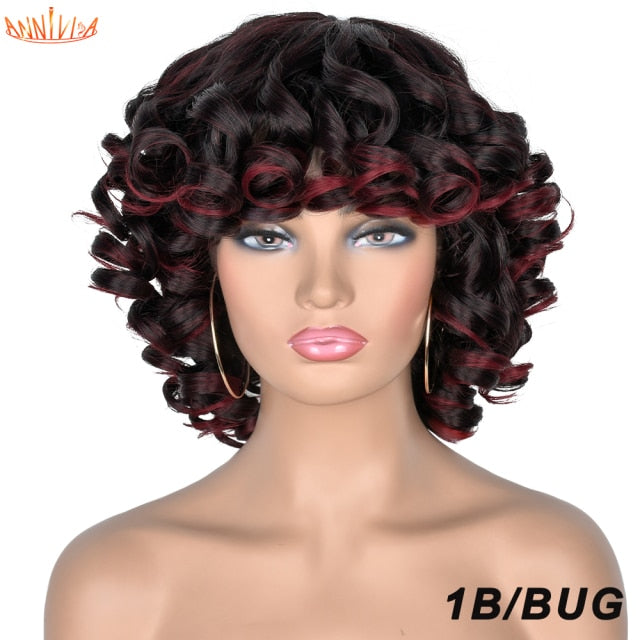 Short Hair Afro Kinky Curly Wigs With Bangs For Black Women Synthetic African Ombre Glueless Cosplay Wigs High Temperature