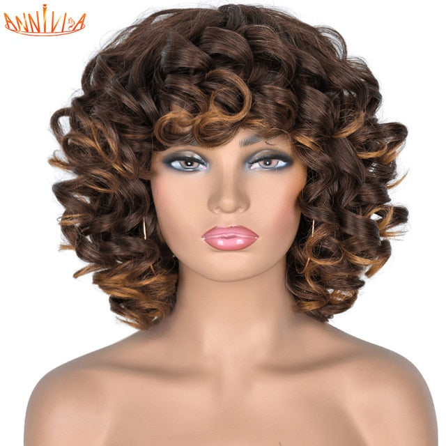 Short Hair Afro Kinky Curly Wigs With Bangs For Black Women Synthetic African Ombre Glueless Cosplay Wigs High Temperature