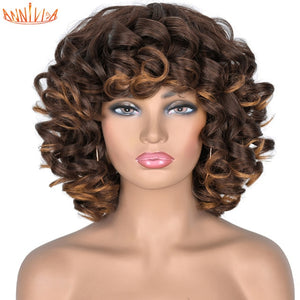 Short Hair Afro Kinky Curly Wigs With Bangs For Black Women Synthetic African Ombre Glueless Cosplay Wigs High Temperature