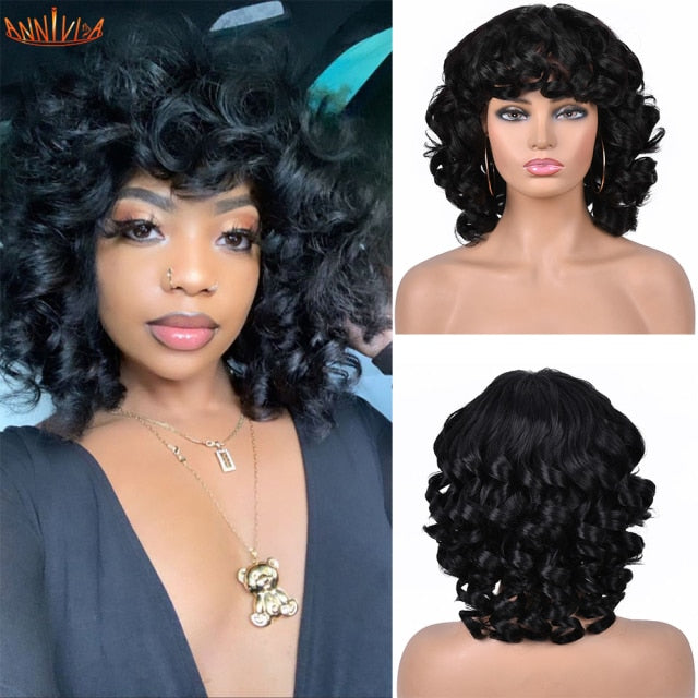 Short Hair Afro Kinky Curly Wigs With Bangs For Black Women Synthetic African Ombre Glueless Cosplay Wigs High Temperature