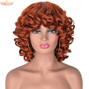 Short Hair Afro Kinky Curly Wigs With Bangs For Black Women Synthetic African Ombre Glueless Cosplay Wigs High Temperature
