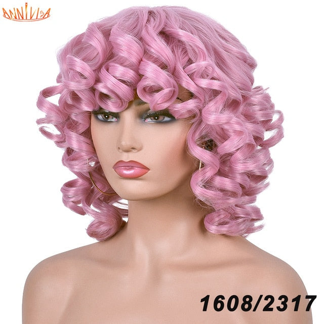 Short Hair Afro Kinky Curly Wigs With Bangs For Black Women Synthetic African Ombre Glueless Cosplay Wigs High Temperature
