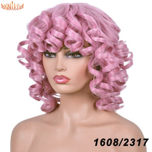 Short Hair Afro Kinky Curly Wigs With Bangs For Black Women Synthetic African Ombre Glueless Cosplay Wigs High Temperature