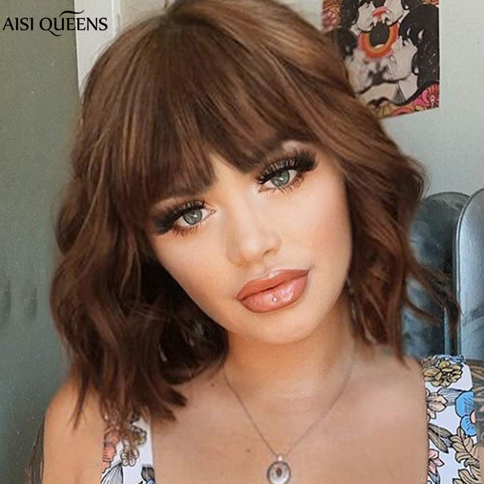 AISI QUEENS Short Brown Wig Synthetic Wigs with Bangs for Women Purple Water Wave Natural Bob Wigs Heat Resistant False Hair