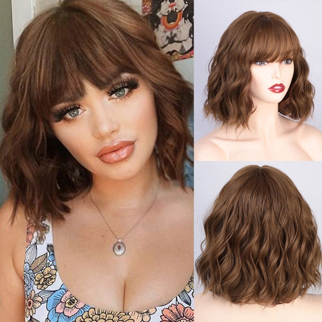 AISI QUEENS Short Brown Wig Synthetic Wigs with Bangs for Women Purple Water Wave Natural Bob Wigs Heat Resistant False Hair