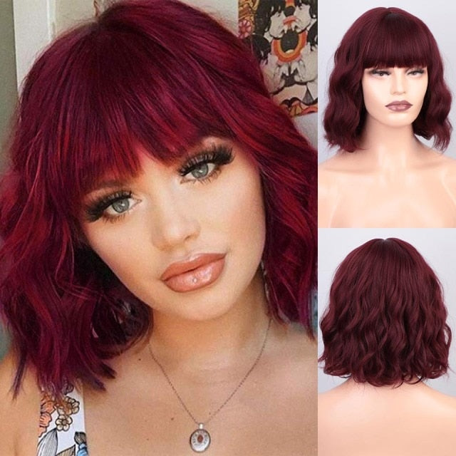AISI QUEENS Short Brown Wig Synthetic Wigs with Bangs for Women Purple Water Wave Natural Bob Wigs Heat Resistant False Hair