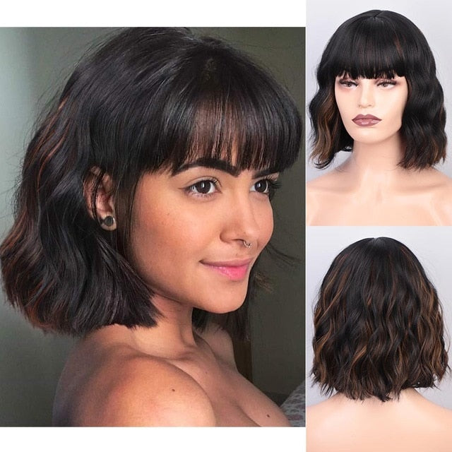 AISI QUEENS Short Brown Wig Synthetic Wigs with Bangs for Women Purple Water Wave Natural Bob Wigs Heat Resistant False Hair