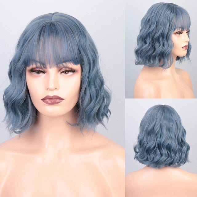 AISI QUEENS Short Brown Wig Synthetic Wigs with Bangs for Women Purple Water Wave Natural Bob Wigs Heat Resistant False Hair