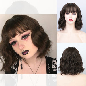 AISI QUEENS Short Brown Wig Synthetic Wigs with Bangs for Women Purple Water Wave Natural Bob Wigs Heat Resistant False Hair