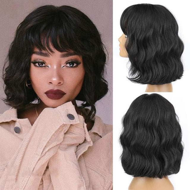 AISI QUEENS Short Brown Wig Synthetic Wigs with Bangs for Women Purple Water Wave Natural Bob Wigs Heat Resistant False Hair