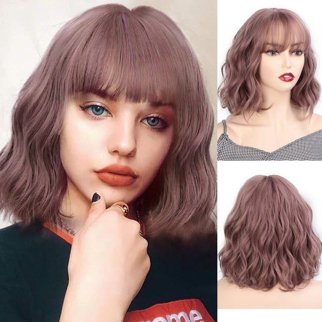 AISI QUEENS Short Brown Wig Synthetic Wigs with Bangs for Women Purple Water Wave Natural Bob Wigs Heat Resistant False Hair